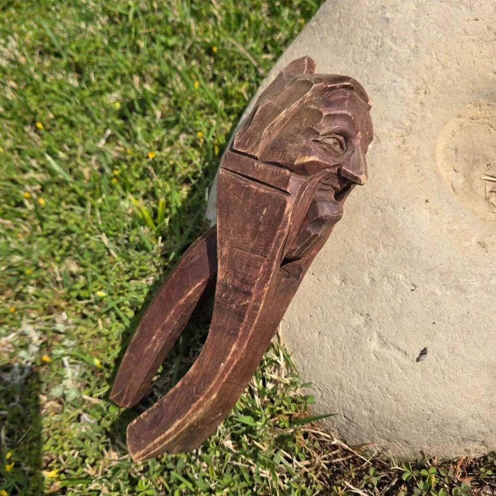 Vintage Hand Carved Wooden Nutcracker Man Face Folk Art Rustic Decor Brown